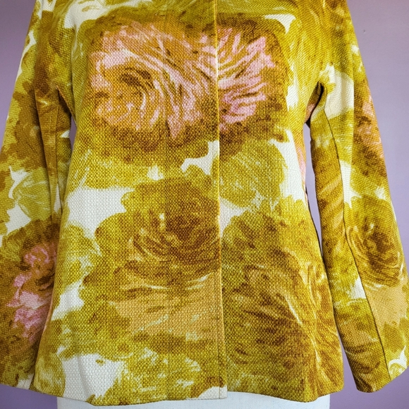 NWOT Talbots Mustard & Pink Rose Woven Cotton Canvas 2 Piece Blazer Skirt Suit - Picture 4 of 16